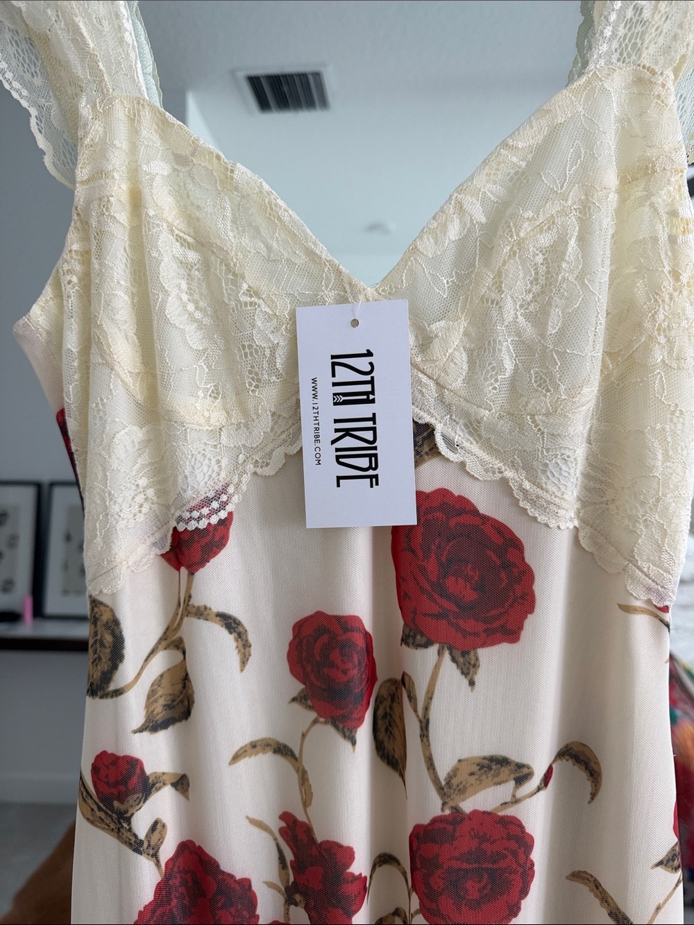 12th Tribe Cream Slip Dress with Red Rose Print and Lace - Picture 3 of 10